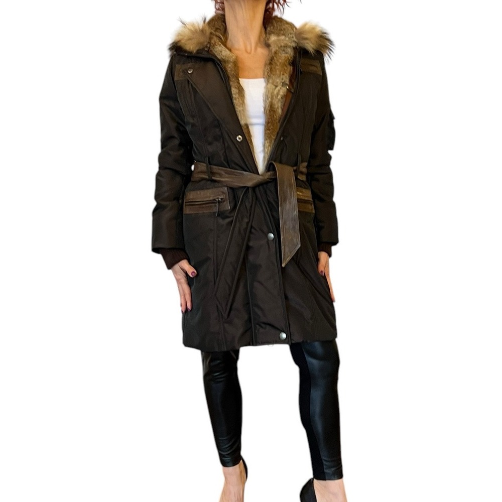 JAVIER SIMORRA Brown coat  leather fur trim belted removable lining sz 4